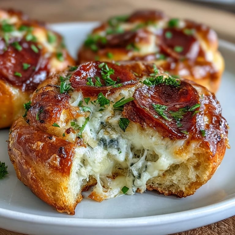 A close-up of Pizza Roll Stuffed Garlic Knots reveals melted mozzarella and spicy pepperoni peaking from the soft, knot-shaped dough.