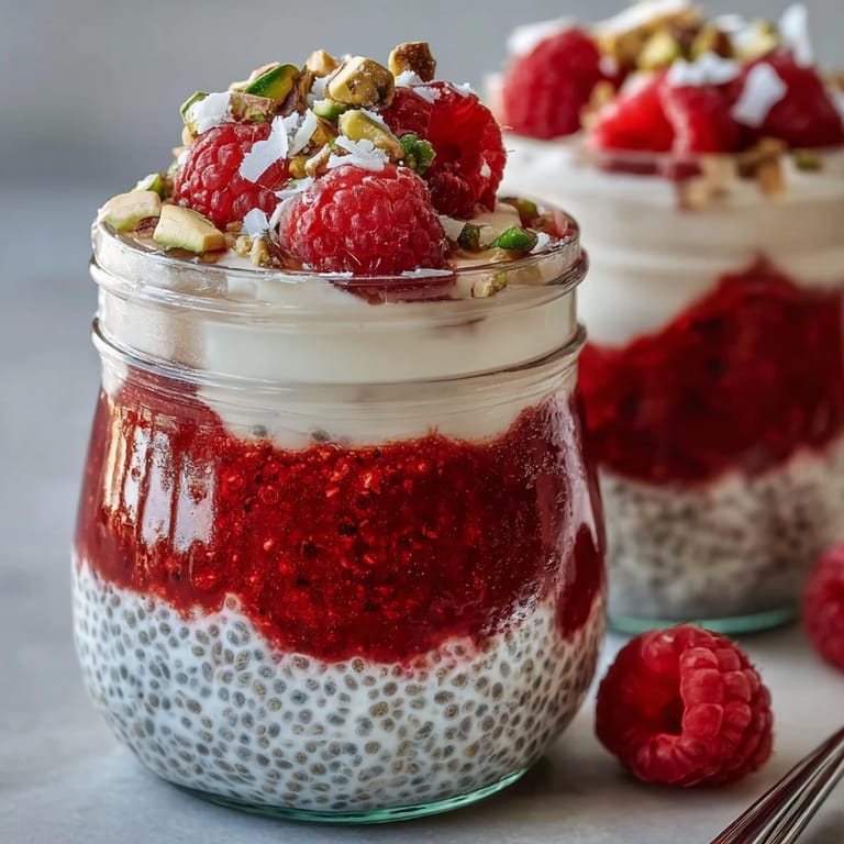 Glass jars display the bright pink and white layers of Vegan Raspberry Coconut Chia Parfaits, garnished with coconut flakes and mint leaves for freshness.