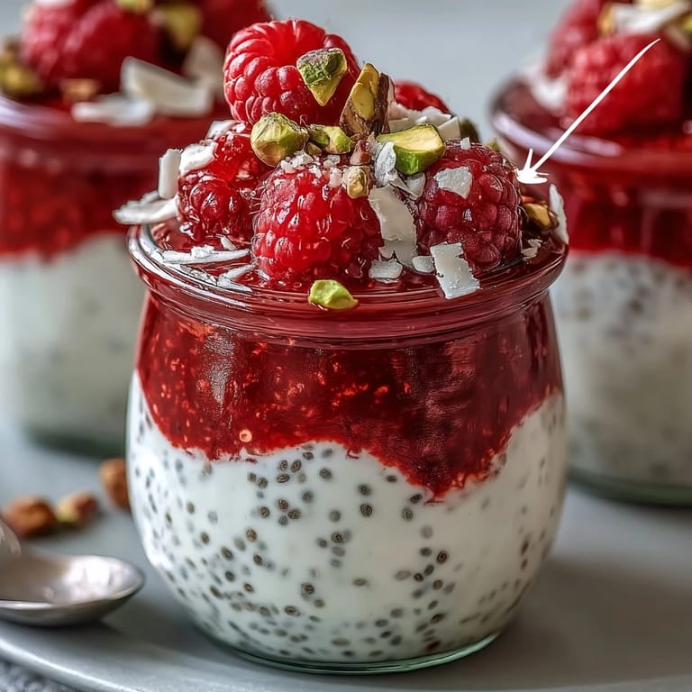 A spoon scoops into a Vegan Raspberry Coconut Chia Parfait, revealing silky chia pudding and tangy raspberry purée ready for a healthy breakfast or dessert.