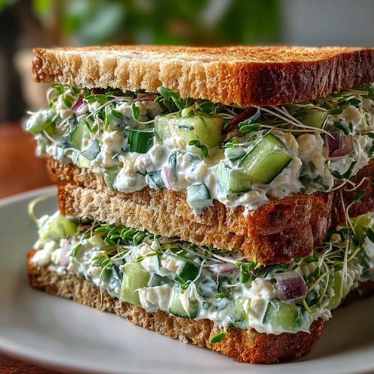 Crisp cucumber salad with feta and dill layered in whole-grain bread, making these Easy Cucumber Salad Sandwiches a summer favorite.
