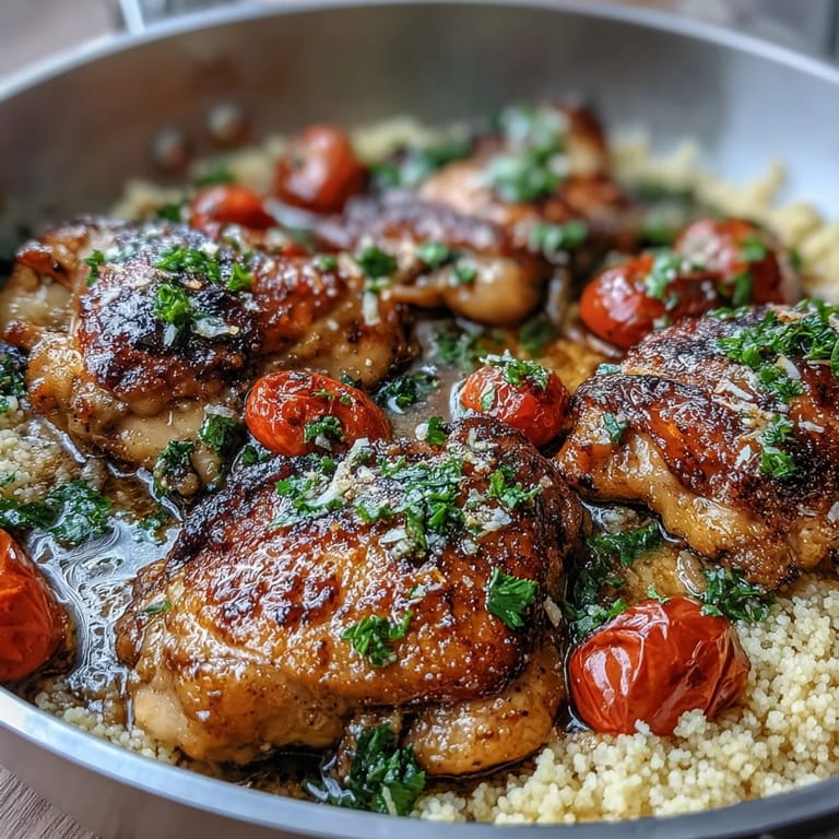 Flavorful one-pan chicken couscous with garlic butter sauce, fresh parsley, and zesty lemon for an easy Mediterranean meal.