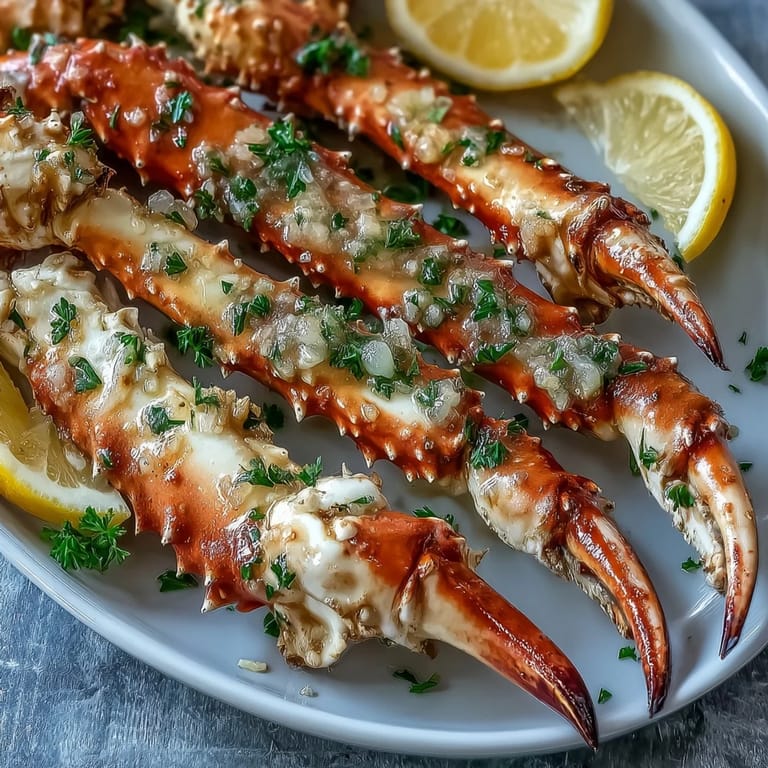 Golden-baked crab legs coated in aromatic garlic butter, served with bright lemon slices for a keto-friendly seafood feast.  