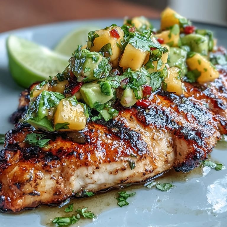 Savory grilled chicken paired with refreshing mango avocado salsa, combining juicy mango, creamy avocado, and bright lime for a light meal.