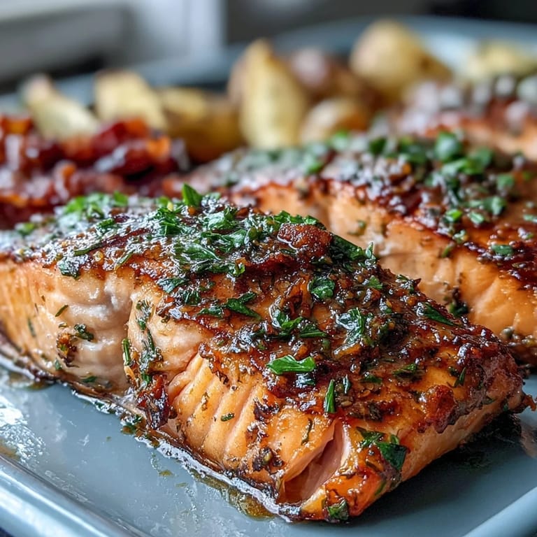 Healthy sheet pan Dijon salmon dinner with tender roasted vegetables, showcasing golden salmon topped with zesty mustard glaze and fresh herbs.