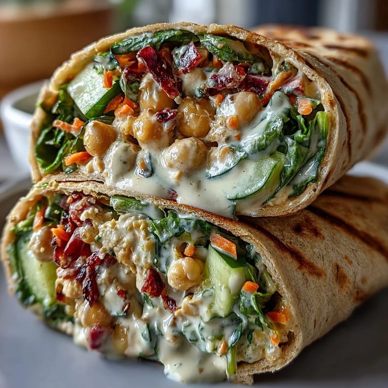 Mediterranean-inspired chickpea wraps bursting with lemon-tahini flavor, fresh greens, and crisp vegetables, perfect for plant-based meal prep or picnics.
