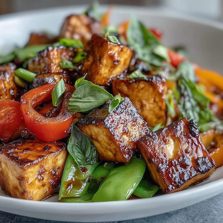 Close-up of golden brown tofu cubes being tossed with fresh Thai basil and colorful bell peppers in a wok.