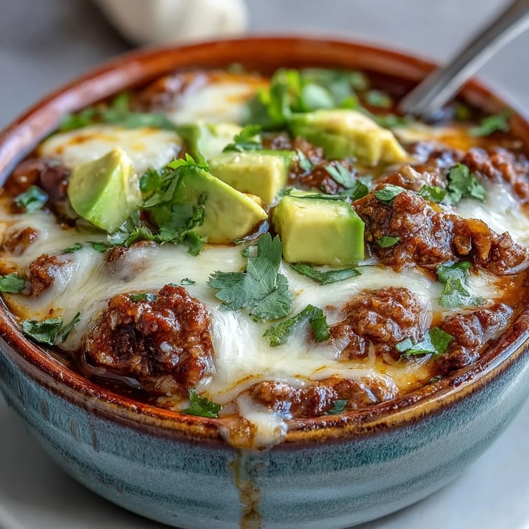 Rich and spicy low-carb taco soup loaded with ground beef, cheddar, and fresh avocado chunks.  