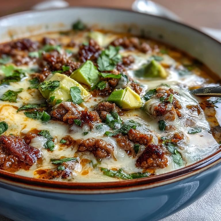 Comforting keto-friendly taco soup featuring savory beef, melty cheese, and vibrant avocado garnish.
