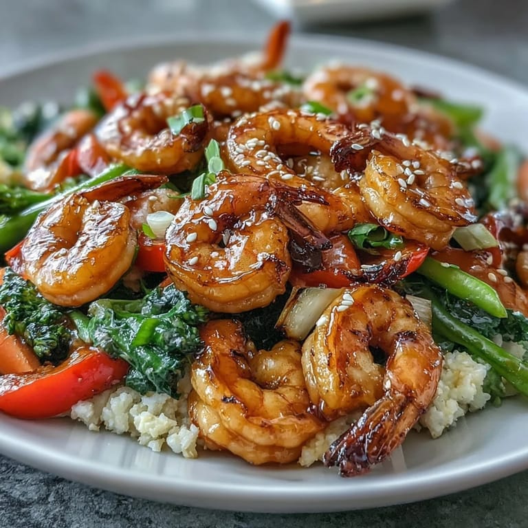 Light and healthy 20-Minute Shrimp and Veggie Stir-Fry served over fluffy cauliflower rice, featuring tender shrimp, bright bell peppers, and crunchy snap peas.