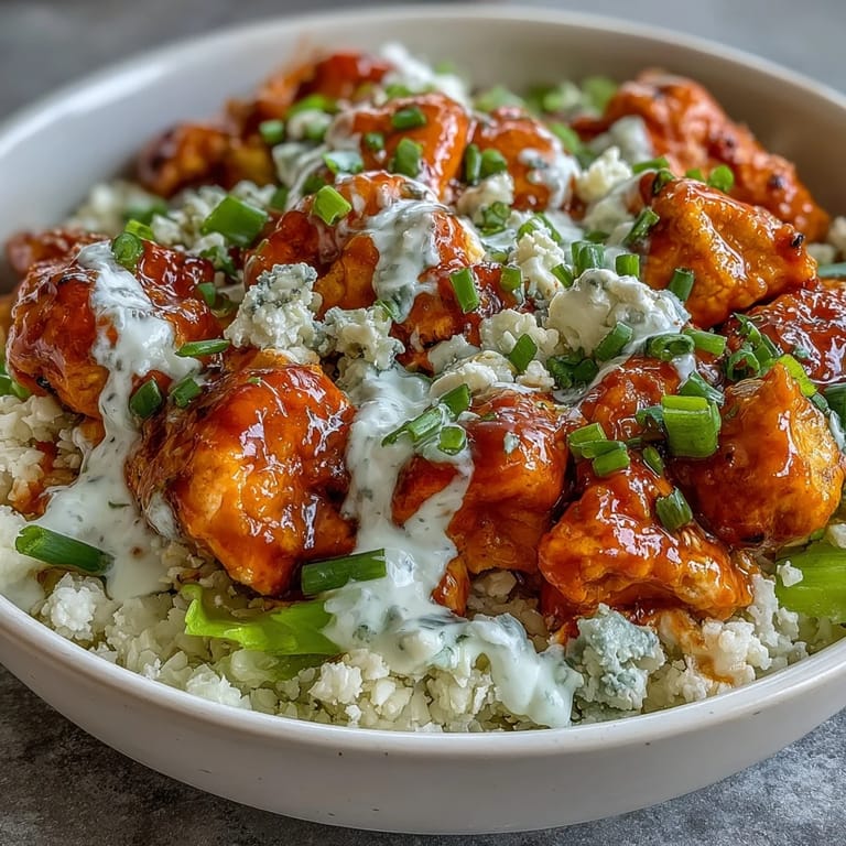 Low-carb buffalo chicken cauliflower rice bowls topped with fresh veggies and tangy ranch dressing for a satisfying meal.  