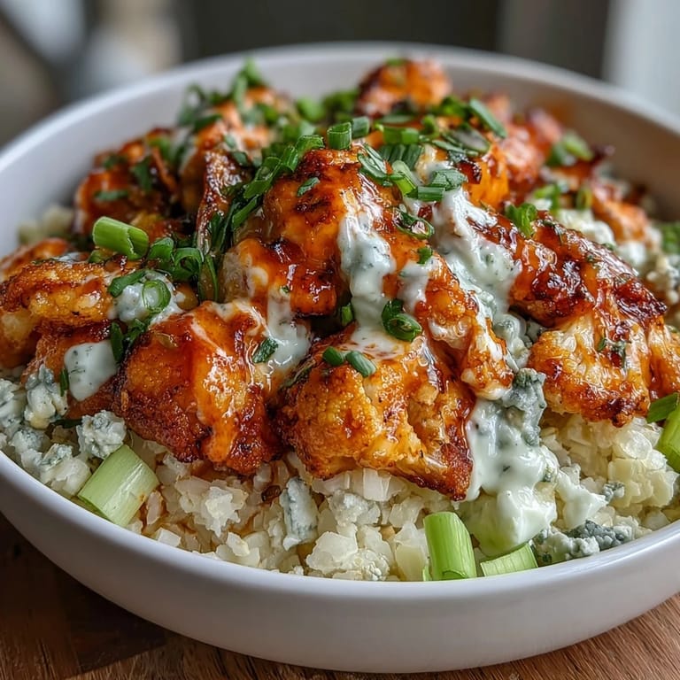 Keto buffalo chicken cauliflower rice bowls featuring tender chicken, crunchy vegetables, and a zesty ranch drizzle for a healthy dinner.
