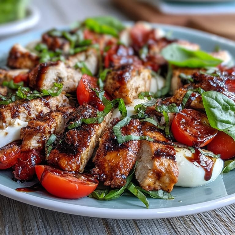 Juicy grilled chicken breast slices atop a bed of greens, paired with mozzarella and tomatoes, finished with sweet balsamic glaze.  