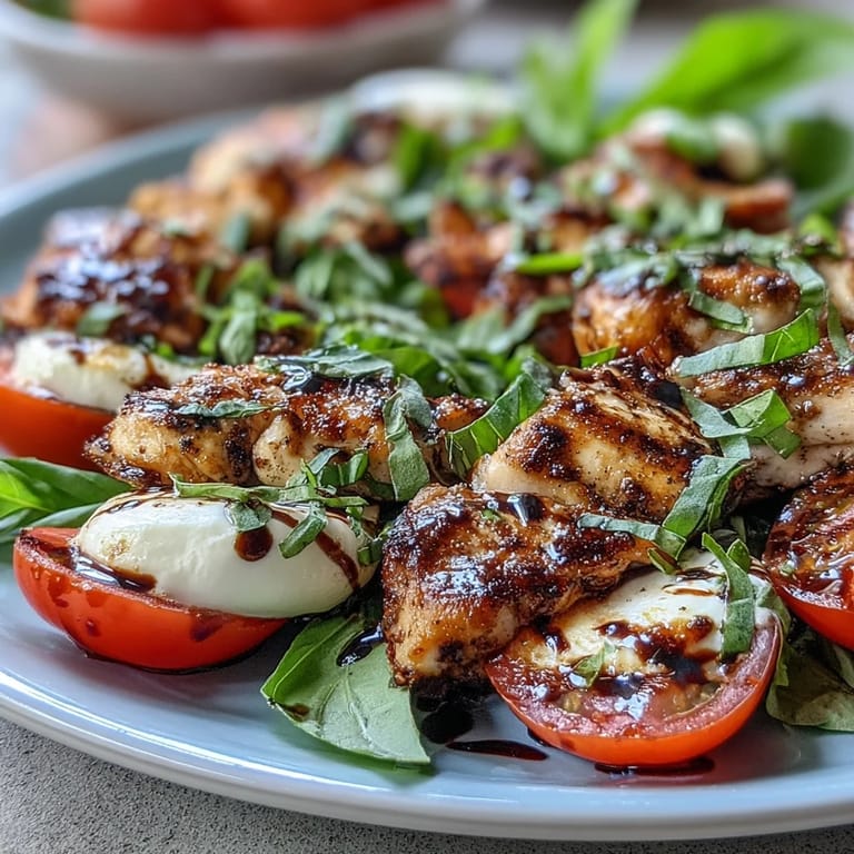 Italian-inspired Caprese salad with grilled chicken, fresh basil, and balsamic glaze, perfect for a light and flavorful summer meal.