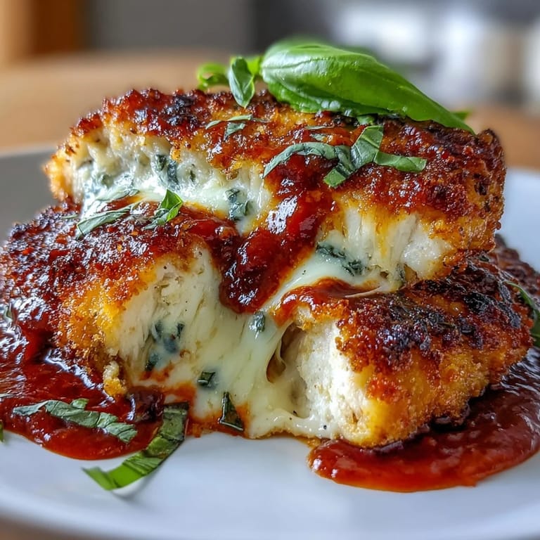Crispy almond flour-crusted chicken breast topped with marinara and gooey mozzarella over fresh spiralized zucchini.  