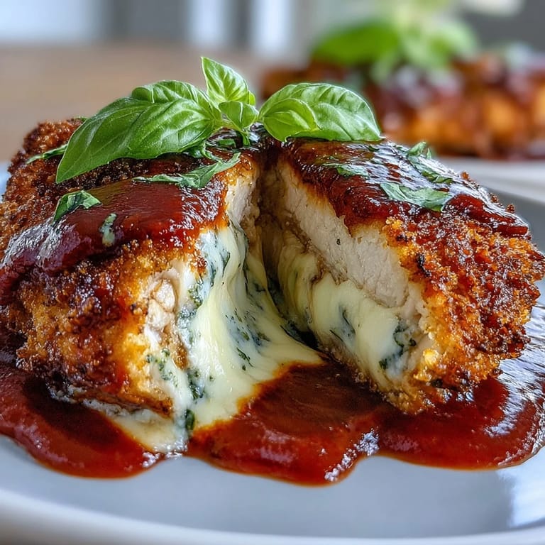 Lighter chicken parmesan with tender baked chicken, rich marinara, and melted cheese on low-carb zucchini noodles.