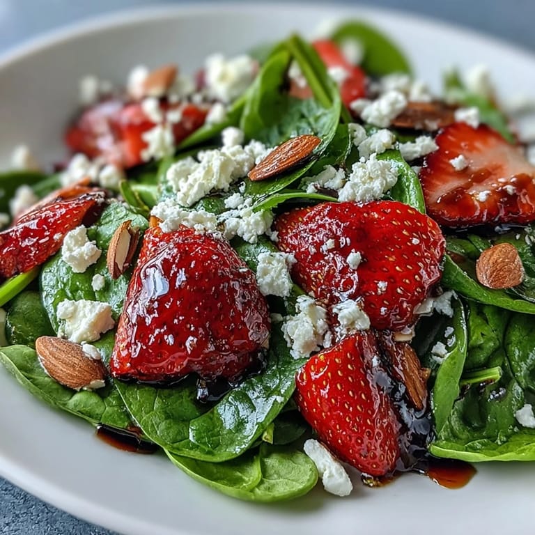 Vibrant spring salad with juicy strawberries, baby spinach, creamy feta, and golden toasted almonds, drizzled with honey balsamic dressing.  