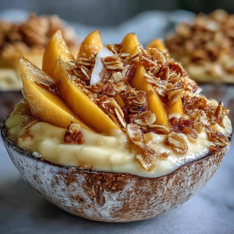 Tropical dairy-free dessert featuring luscious mango, coconut cream, and crunchy cinnamon-toasted oats in a vibrant serving dish.  