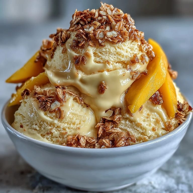 Refreshing vegan mango coconut frozen treat topped with golden toasted oats, shredded coconut, and bright mango garnishes.
