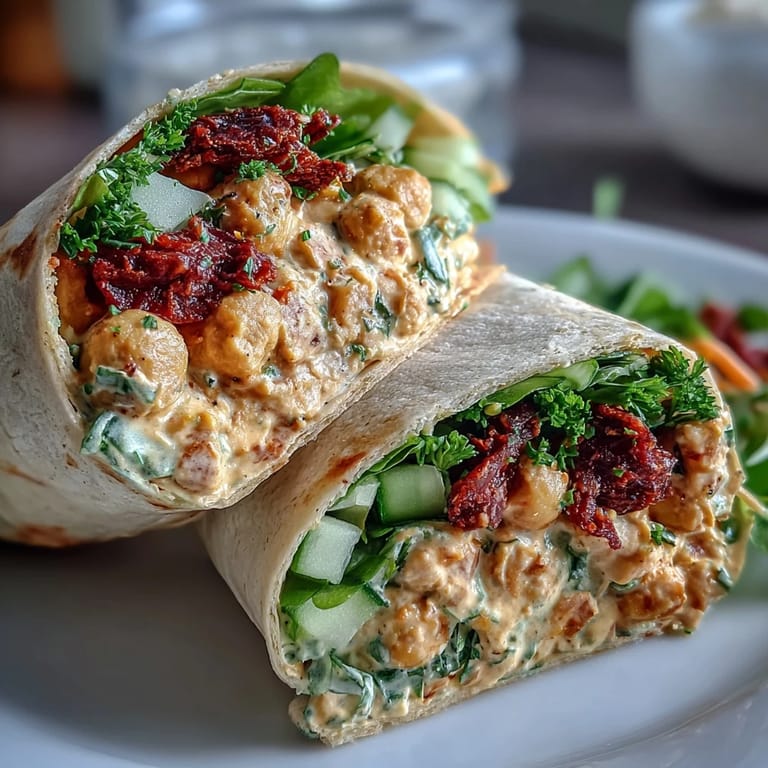Bright and zesty vegan wrap featuring protein-rich chickpea salad with tangy sun-dried tomatoes, crisp greens, and julienned carrots.