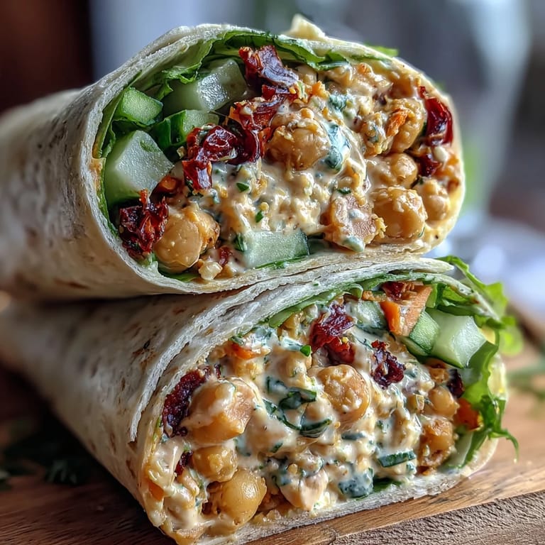 Plant-based chickpea salad with smoky sun-dried tomatoes, celery, and parsley rolled in a hearty wrap for a satisfying meal.