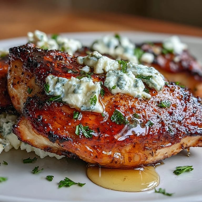 Juicy oven-baked chicken breasts smothered in tangy feta cheese and finished with a hot honey glaze, creating a flavorful high-protein meal.