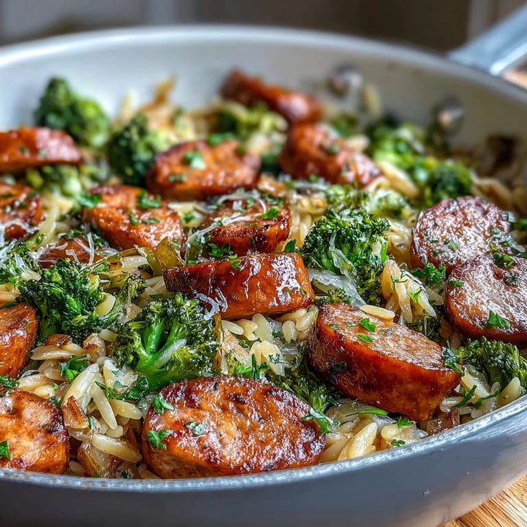 Savory chicken sausage and crisp broccoli florets mingle with creamy Parmesan orzo in this easy, one-skillet meal.  