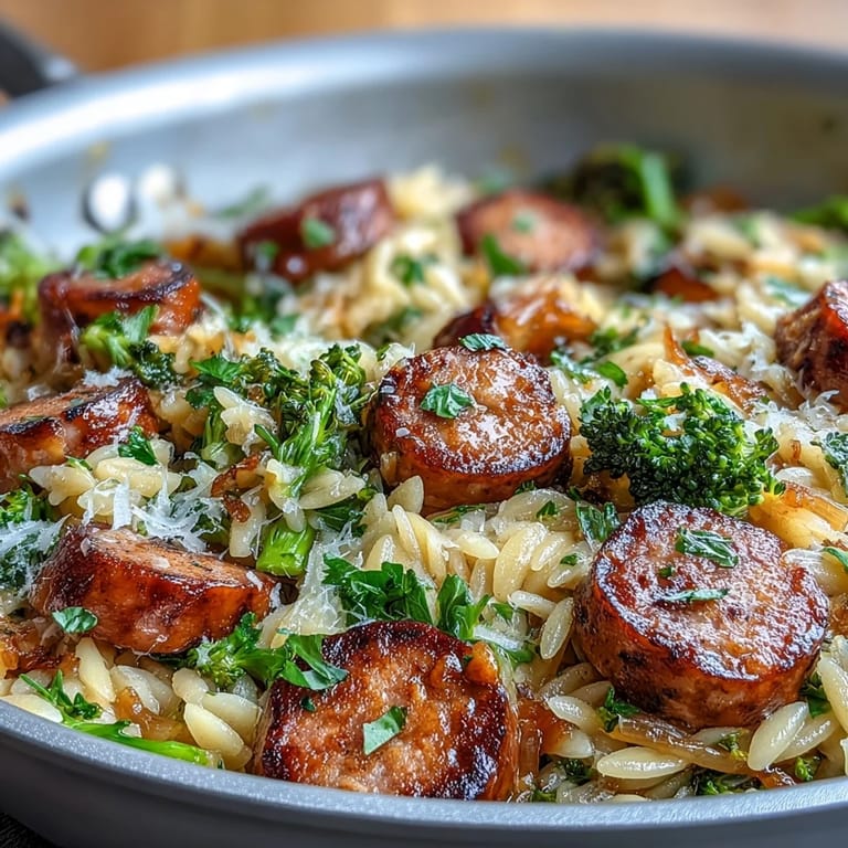 Vibrant one-pan dinner featuring juicy chicken sausage, al dente orzo, and fresh broccoli, finished with a burst of lemon.