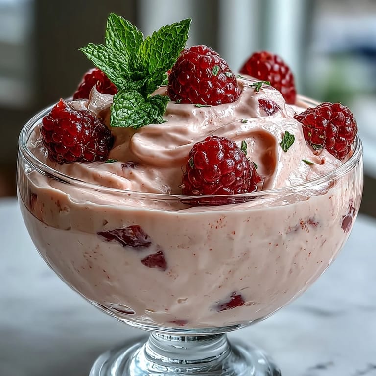 Light and fluffy cottage cheese raspberry mousse garnished with fresh mint and ripe raspberries, perfect for a refreshing dessert.