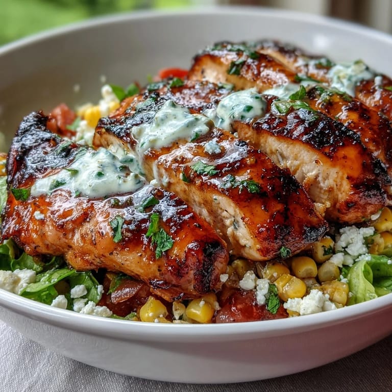 Vibrant street corn chicken bowls topped with charred corn, fresh greens, and creamy lime dressing for a high-protein, gluten-free summer meal.