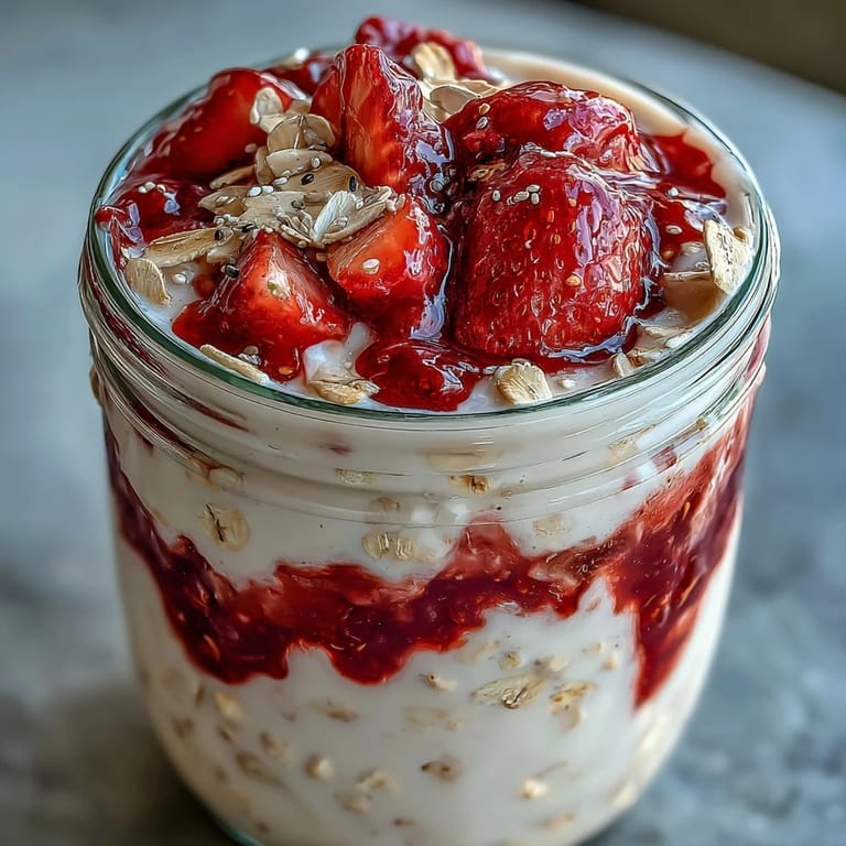 Layered overnight oats topped with homemade strawberry chia jam, perfect for a quick and healthy morning meal.  