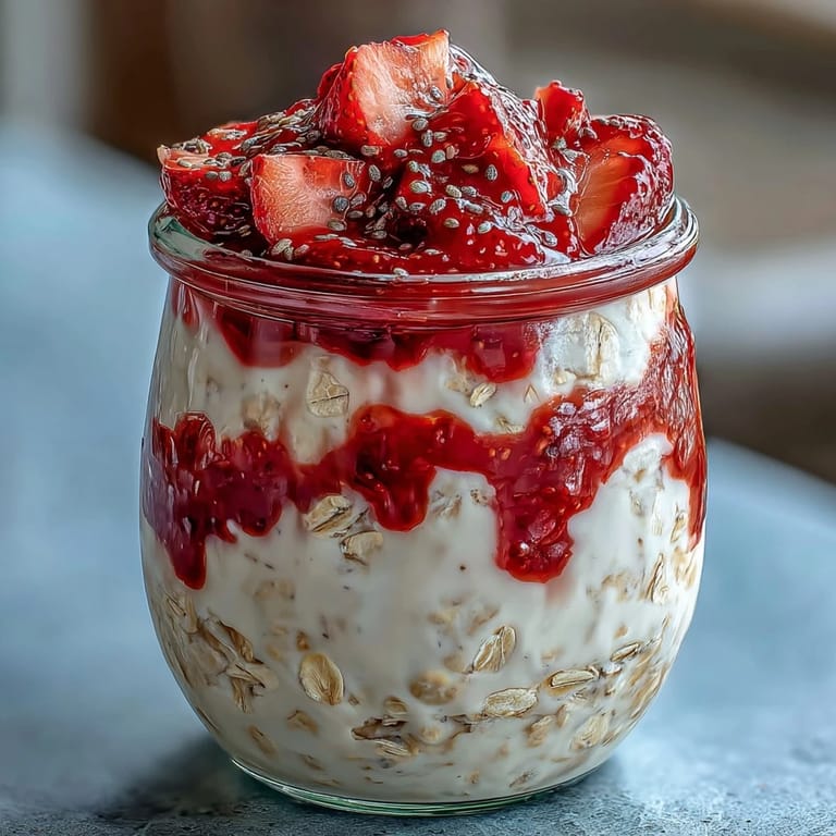 Delicious overnight oats paired with fresh strawberry chia jam, offering a refreshing and energizing start to your day.