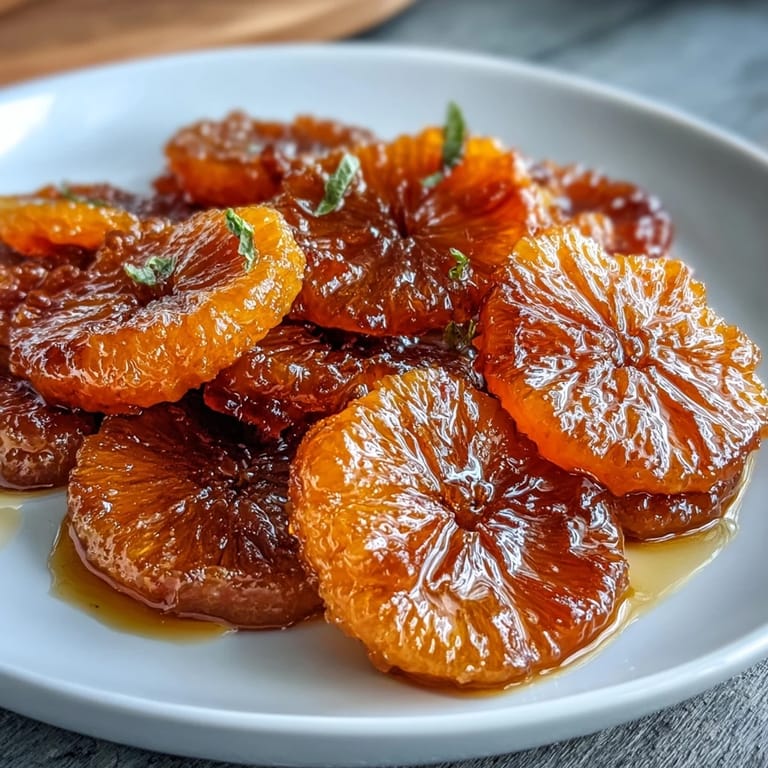 Translucent candied orange slices glistening in syrup, ideal for garnishing desserts or enjoying as a treat.