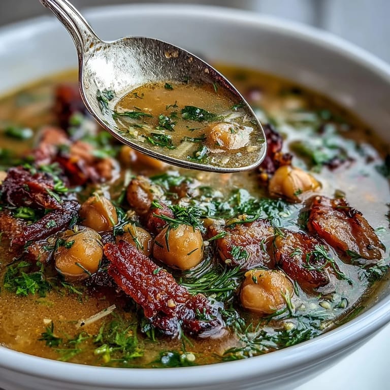 Mediterranean-inspired ham and chickpea soup with bright lemon and fresh dill garnish.