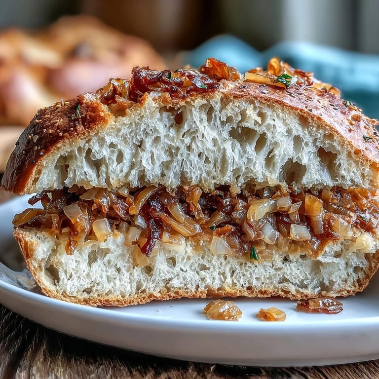 Golden-topped sourdough bagels loaded with caramelized onions, offering a rich, savory bite in every chewy mouthful.