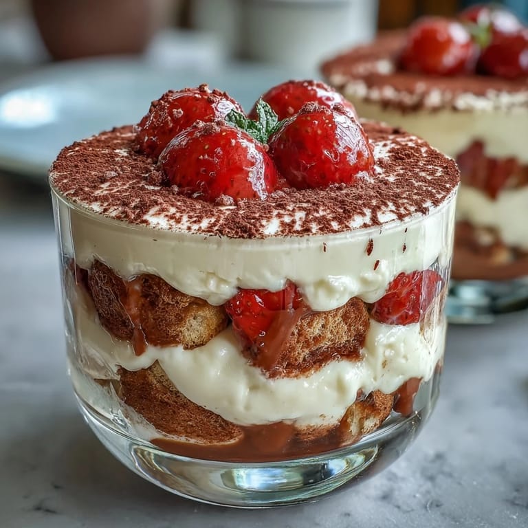 Romantic strawberry tiramisu dessert cups featuring fluffy mascarpone filling, juicy macerated strawberries, and coffee-dipped ladyfingers in individual servings.