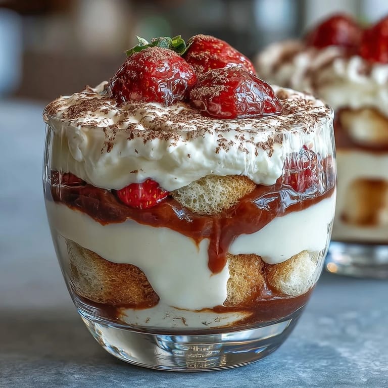 Decadent strawberry tiramisu cups with creamy mascarpone layers, coffee-soaked savoiardi biscuits, and fresh strawberry garnish for a perfect Valentine's treat.