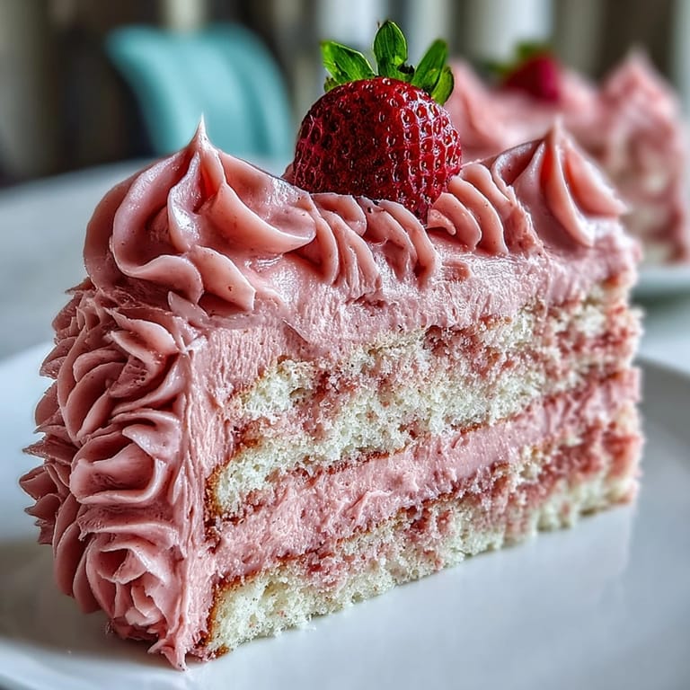 Three-layer vanilla cake with creamy strawberry buttercream in varying pink shades, garnished with fresh strawberries for a romantic and delicious Galentine's celebration dessert.