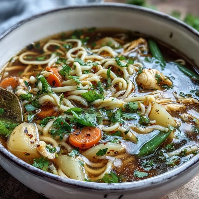 Rich vegetable noodle soup featuring seasonal vegetables, egg noodles, and aromatic thyme, served hot in a rustic bowl.