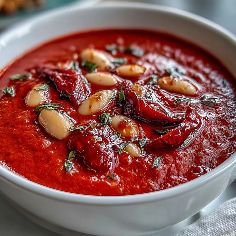 Hearty roasted red pepper and white bean soup served with crusty bread, perfect for a comforting vegetarian meal on a chilly evening.