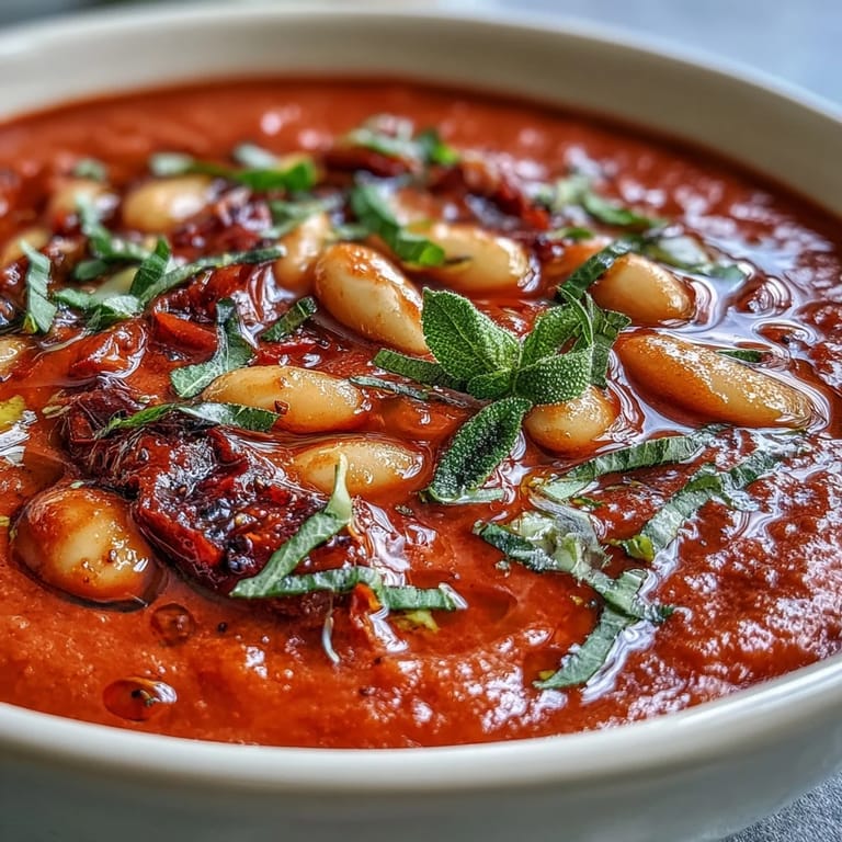 Velvety roasted red pepper and white bean soup, garnished with parsley, showcasing rich Mediterranean flavors in every spoonful.