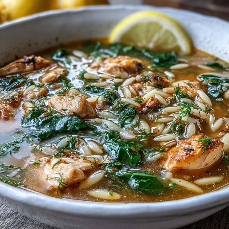 Hearty lemon chicken orzo soup with vibrant spinach, diced carrots, and a citrusy aroma, served hot and comforting.