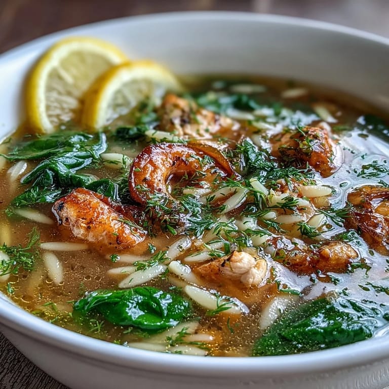 Creamy lemon chicken orzo soup featuring juicy chicken, leafy spinach, and orzo pasta in a savory broth with lemon.