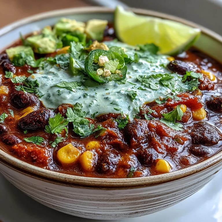 A steaming bowl of vegetarian chili with bold spices, sweet corn, and a zesty lime crema drizzle.  