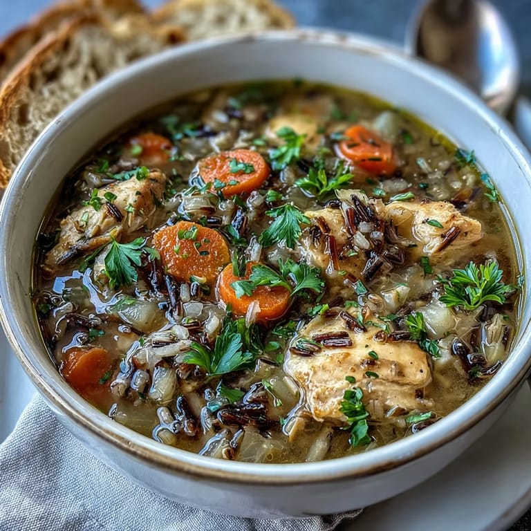 Warm bowl of chicken and wild rice soup featuring juicy chicken, crisp vegetables, and fragrant thyme.
