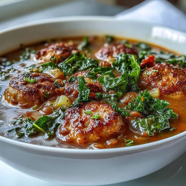 Close-up of Spicy Sausage and Lentil Soup with Kale, showcasing vibrant greens, spicy sausage, and hearty lentils in a steaming bowl.