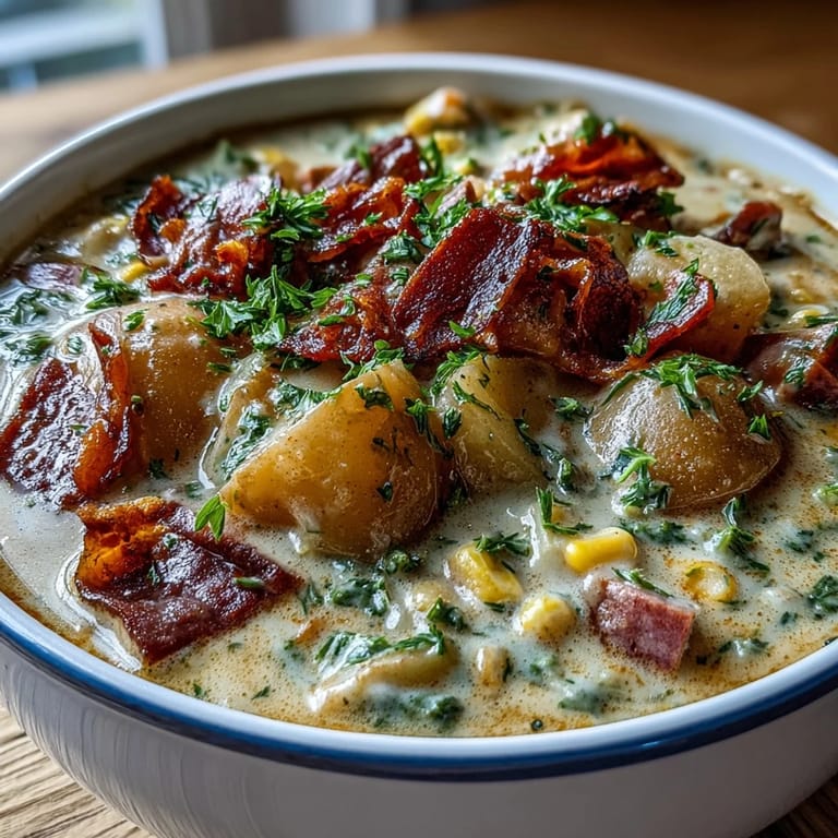 Warm bowl of Light Ham and Potato Chowder with Celery and Corn, featuring tender potatoes, sweet corn, and savory diced ham.