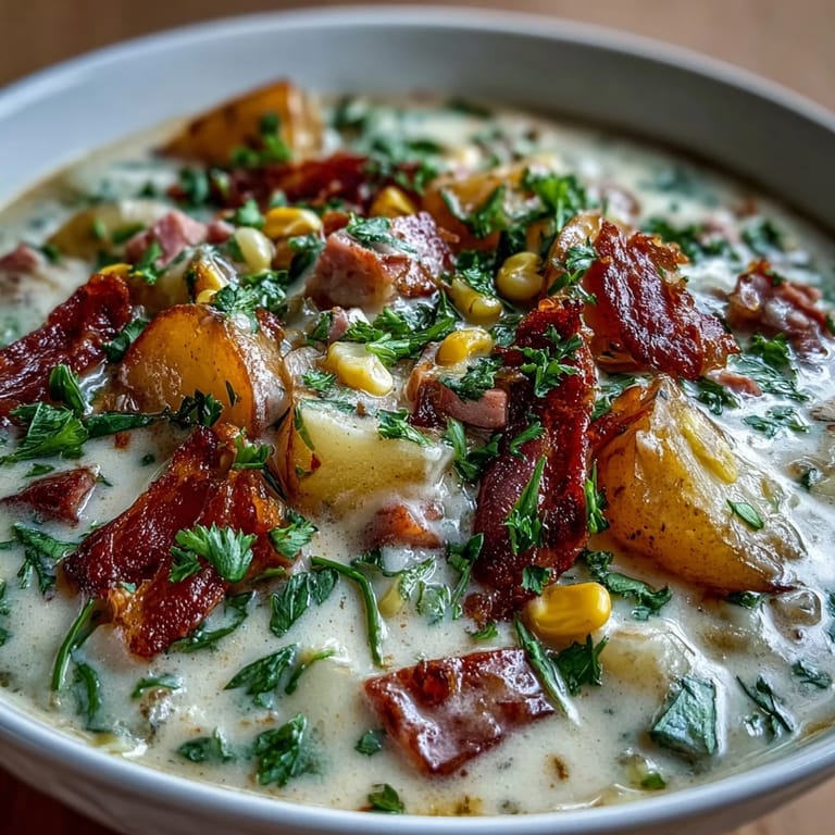 Savory Light Ham and Potato Chowder with Celery and Corn, a creamy soup with lean ham, Yukon Gold potatoes, and vibrant vegetables.