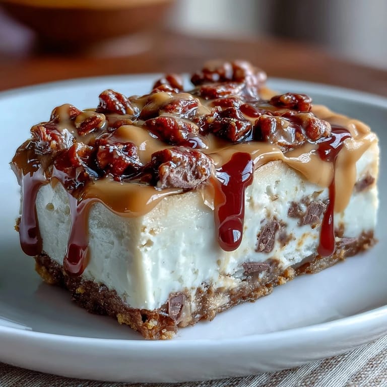 Rich peanut butter cheesecake bars with swirls of creamy peanut butter and chunks of mini peanut butter cups on a chocolate cookie crust.