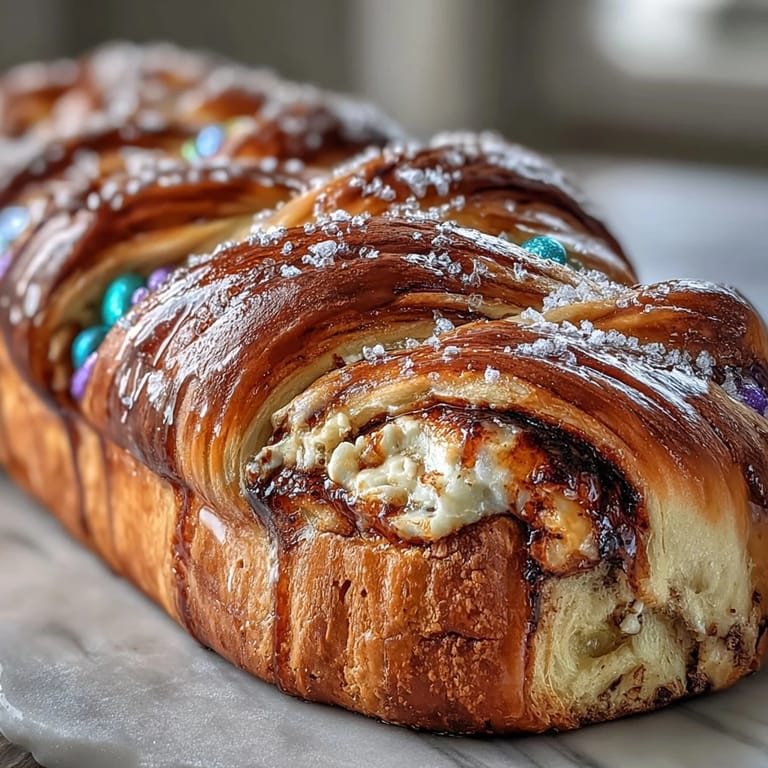 Showstopping King Cake braid filled with creamy lemon cheese, finished with vibrant sanding sugar for a celebratory dessert centerpiece.