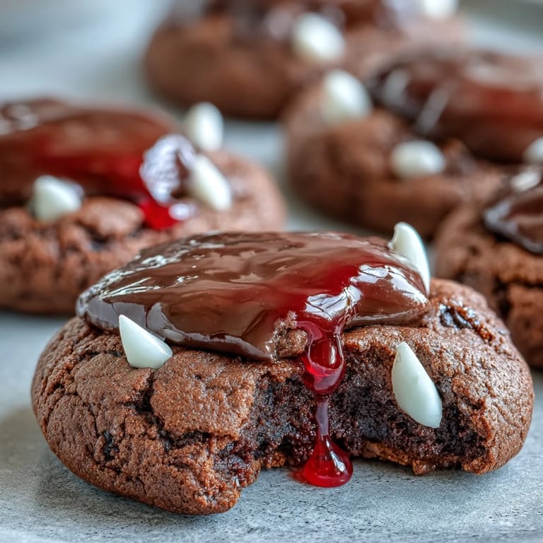 Chewy chocolate cookies with playful candy fangs and bloody red icing, perfect for Halloween parties and dessert tables.